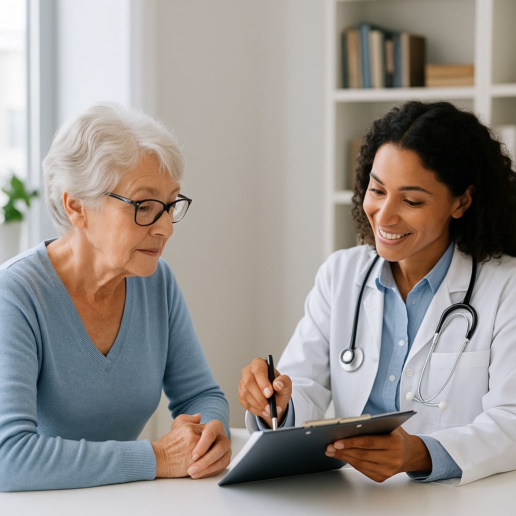 Doctor conducting annual Medicare plan review with senior woman in a medical office | Hatch Medicare Solutions