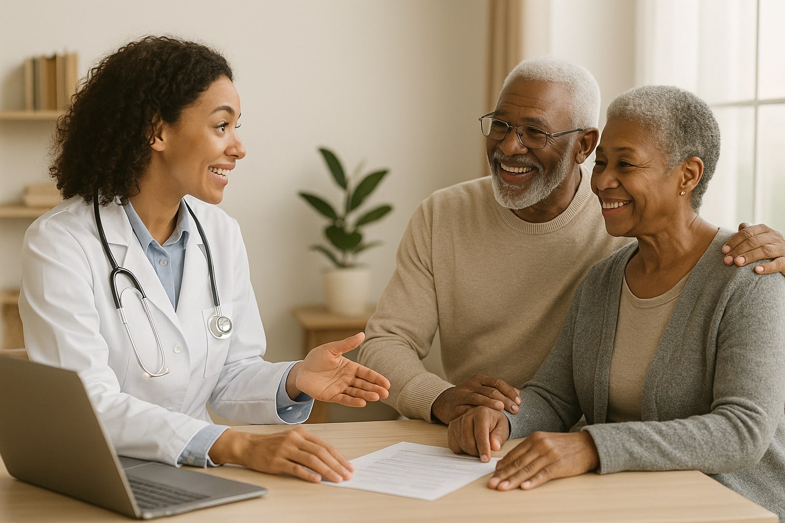 Doctor providing Medicare enrollment support to smiling senior couple in a medical office | Hatch Medicare Solutions