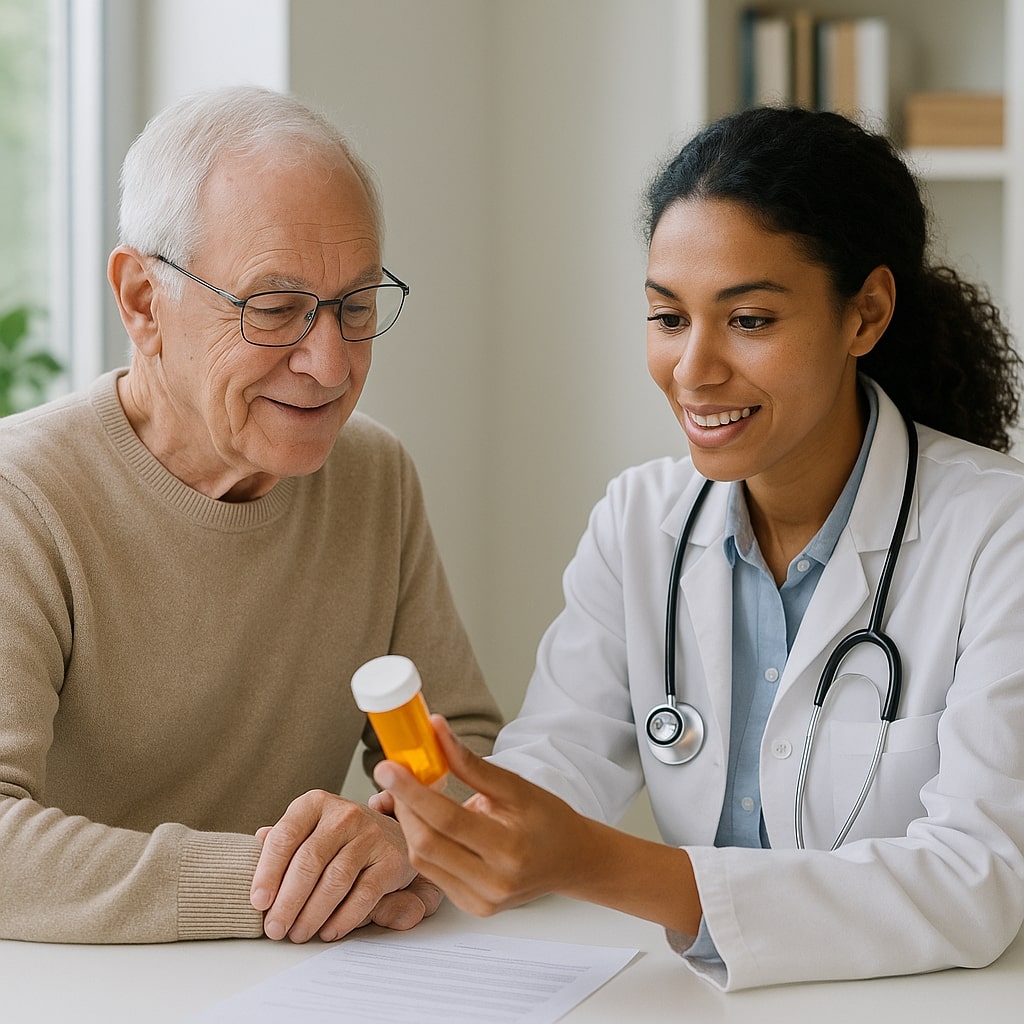 Doctor discussing Medicare Part D prescription drug plan with senior patient in a medical office | Hatch Medicare Solutions